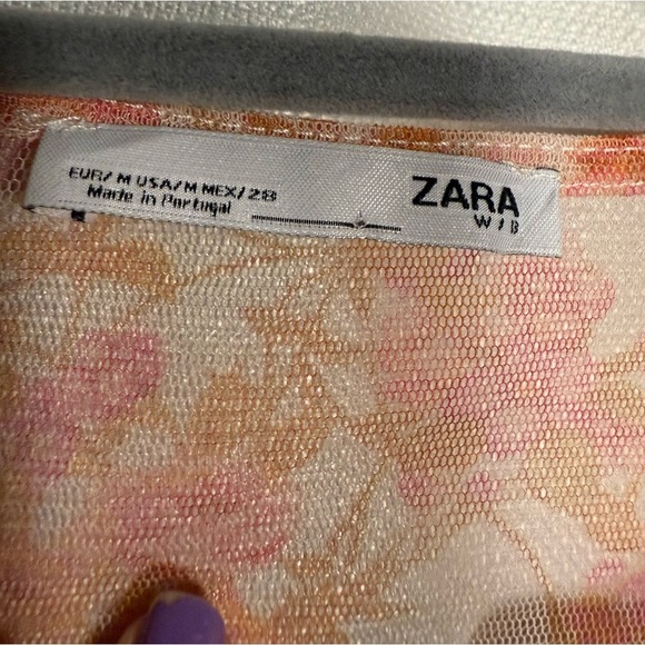 Zara Sheer Mesh Red Orange Pink Floral Long Sleeve Top Medium - Picture 7 of 9